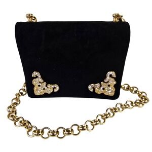 Linea Duart Italy Black Suede Rhinestone Gold Chain Evening Bag Vintage 90s Glam